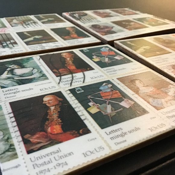 Art Coasters, 4 pack, Real Postage Stamp Wood Coaster Set with Cork Backing - Picture 4 of 10